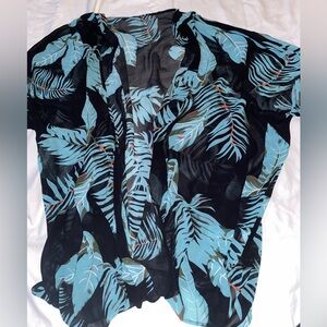 Tropical Leaf Print Swim Coverup - Black and Blue